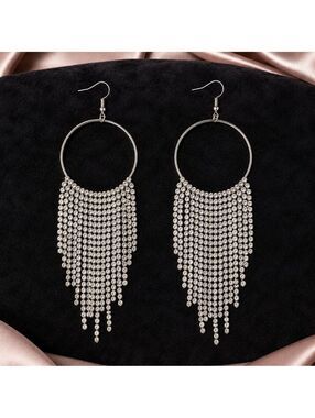 Silver Rhinestone Fringe Hoop Statement Earrings